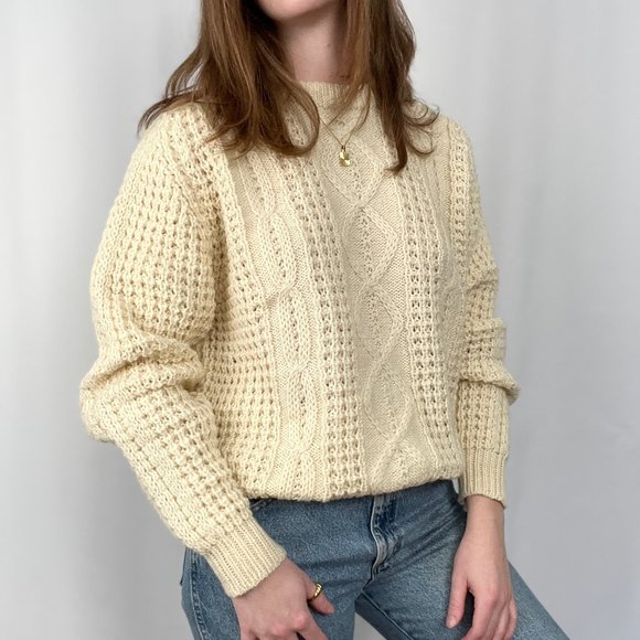 Vintage Aran Cable Knit Made in Ireland Oversized Fisherman Celtic Crew Sweater - Picture 5 of 10